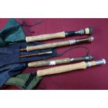 Four fly rods including a Milbro True Fly rod, a Trion 10 foot fly and a Fibatube Pro Tip fly (of