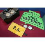 Field telephone, BA arm slip, Civil Defence patches and anti glare goggles