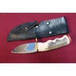 Bear USA sheath knife with 3 1/2 inch broad blade, brass crosspiece and Samba horn grip complete