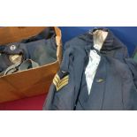 Box containing a quantity of RAF uniforms including Air Training Corp, jackets, shoulder titles,