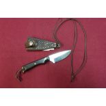 Unusual small sheath knife by Bushcraft Woodlore with 2 1/2 inch blade, two piece wooden grips and