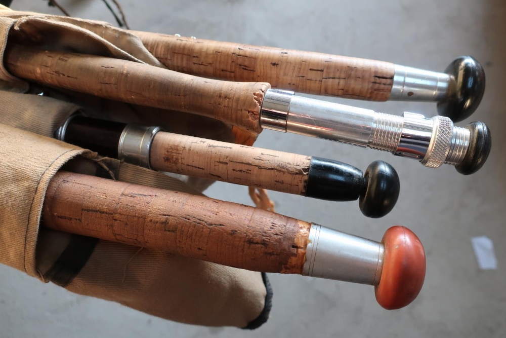 Edgar Sealey 3 piece salmon rod, a split cane Edgar Healey fly rod (Mayfly), a 3 piece salmon rod by