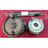 Hardy DT61 fly reel, a salmon reel and a Salter Super Samson fishing scales