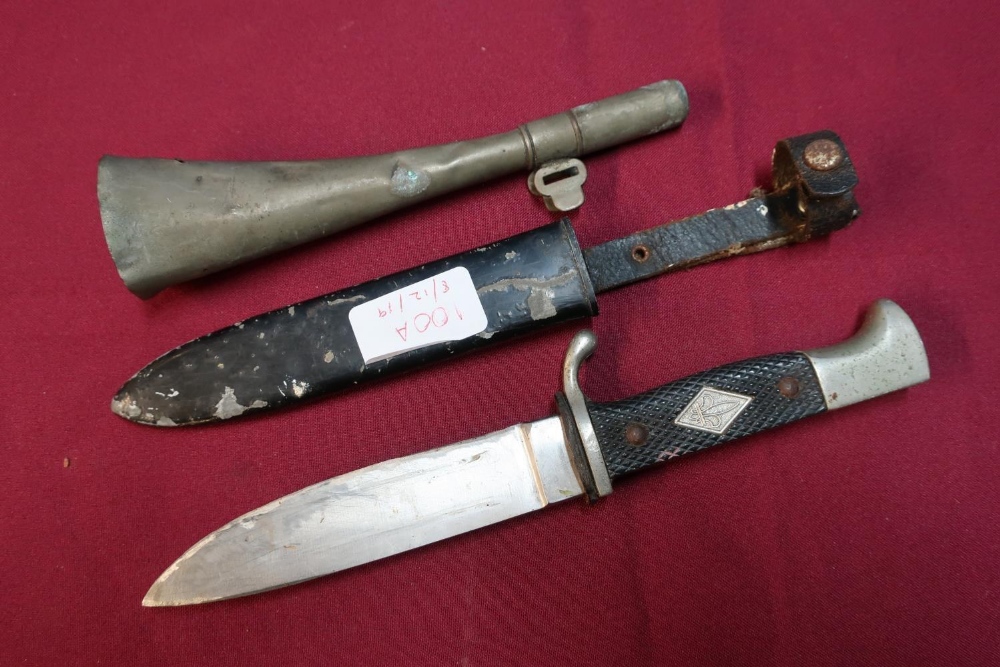 Unusual Boy Scouts sheath knife, similar to a Hitler Youth knife, the blade marked 'Hubertus