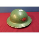 Circa WWII British steel helmet with liner and webbing chin strap with painted Decel
