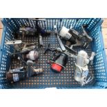 Box containing six reels of various makers including a Rocket 300, a Crane Pro reel and a