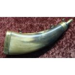 19th C flattened cows horn powder horn