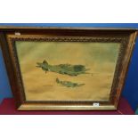 Gilt framed oil on canvas painting of Spitfires in flight