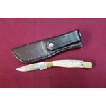 Sheath knife with two inch blade and brass and Samba horn grips complete with leather belt sheath