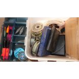 Box containing a fishing reel, spare spools, fly boxes, etc and a Shakespeare box containing lead