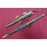 Fairbairn Sykes second patent commando knife with sheath, with brass grip, the crosspiece and