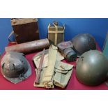 Box of various militaria including steel helmet, gas mask, steel containers, map casings, water