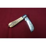 Large pruning type knife by Eye Witness Sheffield with 2 3/4 inch blade and 2 piece Samba horn grips