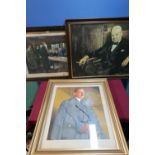 Gilt framed oval painted print of Adolf Hitler, an oleograph of Winston Churchill, and a WWI signing