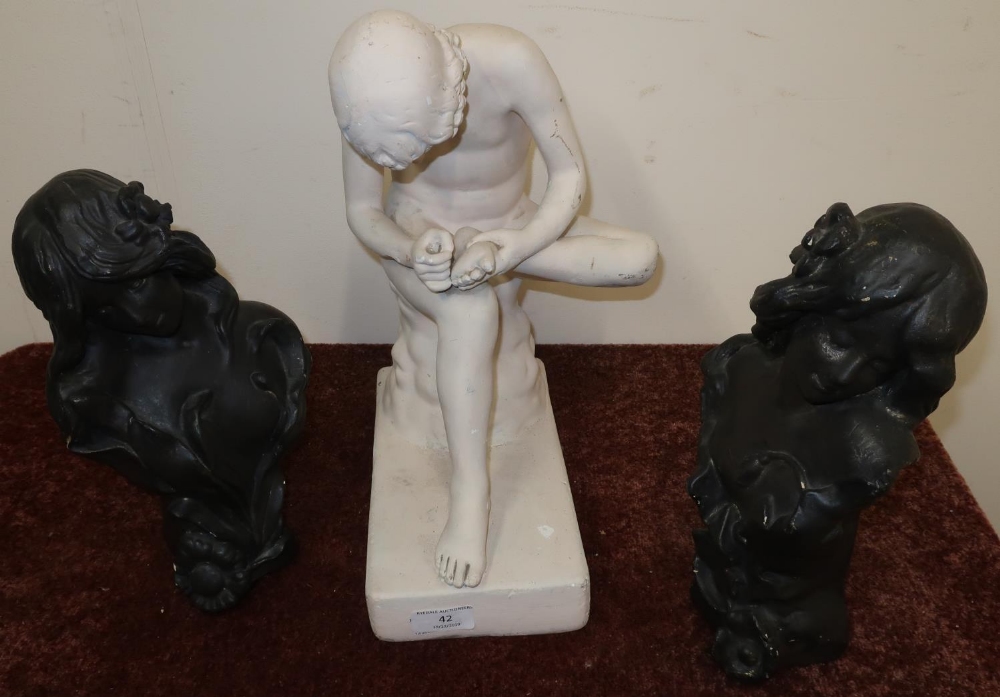 Plaster cast figure of a naked male and two Art Nouveau style female busts (3)