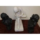 Plaster cast figure of a naked male and two Art Nouveau style female busts (3)