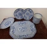 19th C William Adams pattern blue and white meat dish, pair of matching dinner plates and two
