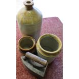 Early 20th C glazed stoneware flagon Chas Smith Grocer Driffield, two glazed stoneware storage