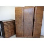 Art Deco walnut triple door combination wardrobe and matching chest of five drawers (2)