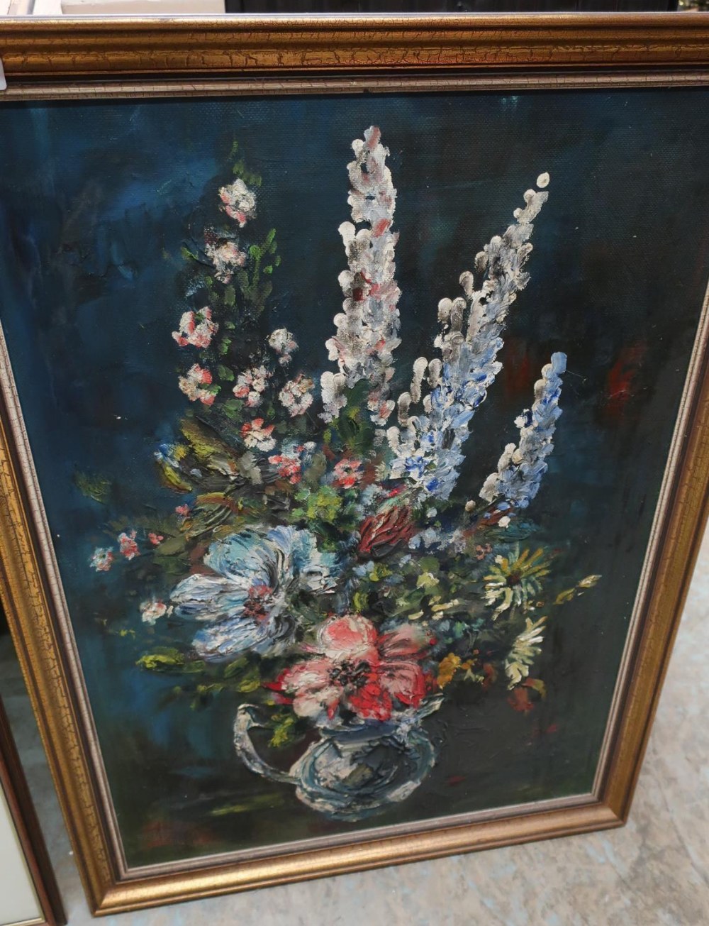 Large oil on board still life painting of flowers in jug, mounted in gilt frame (69cm x 94cm