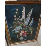 Large oil on board still life painting of flowers in jug, mounted in gilt frame (69cm x 94cm