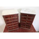 Pair of miniature marble topped chests of six short drawers with gilded metal mounts (27.5cm x 18.