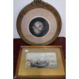 Circular gilt framed 19th C dog portrait print and a framed watercolour of beached boat in Whitby