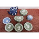 Adams blue Jasperware teapot and seven pieces of Wedgwood jasperware pottery