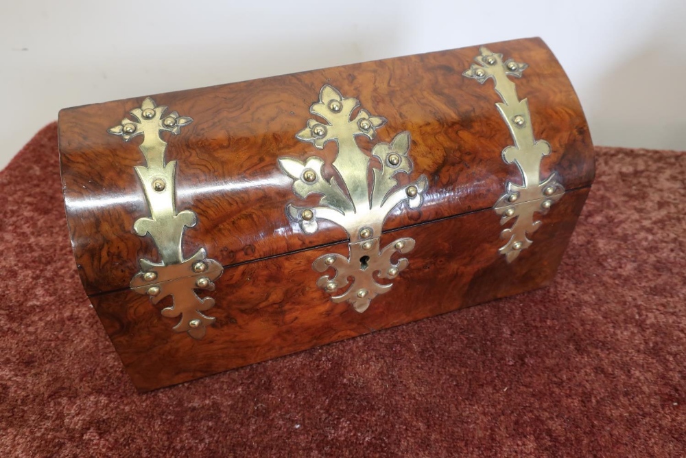 Late Victorian walnut and brass mounted correspondence box with hinged D shaped top revealing fitted