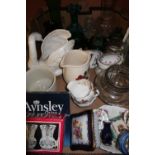 Ceramic swan planter, various glassware, Aynsley and other ceramics, Limoges style cabinet pieces
