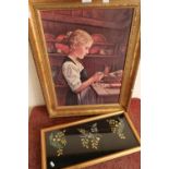 Victorian style oleograph showing a young girl peeling vegetables and a framed needlework panel