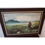 Large framed oil on canvas painting of Shepherd and his flock in lake land style scene (66cm x 92cm)