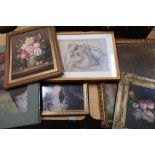 Impressionist oil on board study of a male figure, a print of a female nude and a small selection of