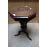 Victorian mahogany inlaid sewing work box with fitted interior and tapering fretwork column, on