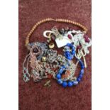 Coral sprig necklace, Moonstone type bead necklace and a selection of costume jewellery including