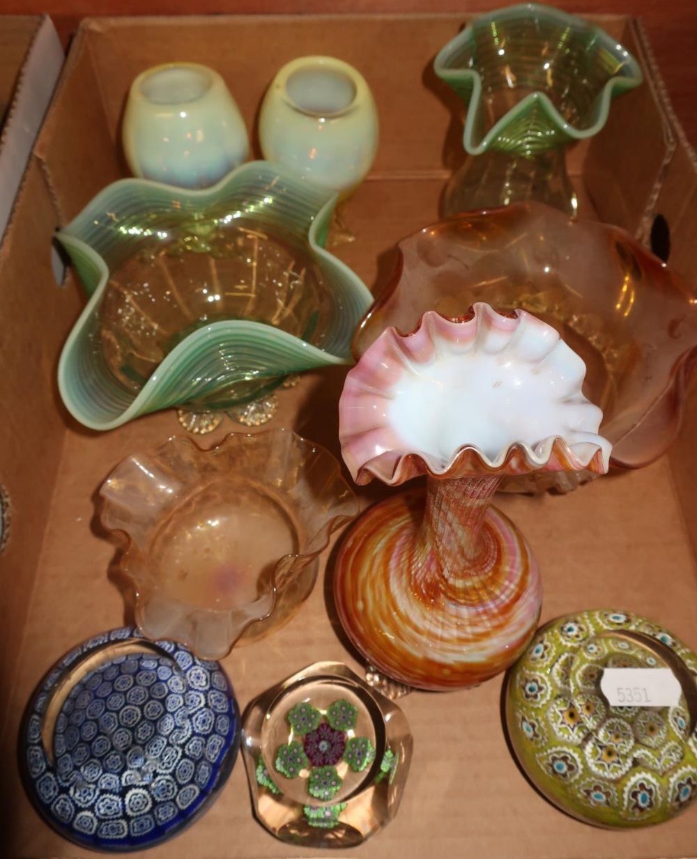 Various Studio and other glassware in one box including Millefleur paperweights, Vaseline type