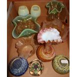 Various Studio and other glassware in one box including Millefleur paperweights, Vaseline type