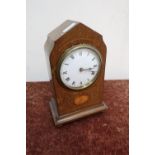 Edwardian inlaid mahogany time piece with white enamel dial, satinwood inlay, shell motif, brass