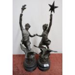 Pair of late 19th C French Spelter figures of 'La Nuit', and 'Le Jour'