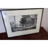 Framed and mounted drawing of heavy horses logging by D. J. Robinson (51.5cm x 38.5cm including