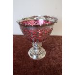 Birmingham 1856 silver hallmarked large basket with swing handle and cranberry glass liner (14cm
