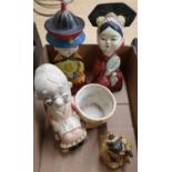 Pair of painted plaster oriental nodding figures, nodding figure of a woman and a 19th C painted