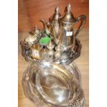 Large silver plated tray with four piece silver plated tea set, various silver plated cruet sets,