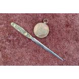 Letter opener/pen knife the brass handle marked 'Take The Helmet Of Salvation' and a large French