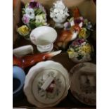 Box containing a selection of various decorative ceramics including a Beswick seated fox, Wedgwood