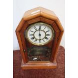 Late 19th C/early 20th C American mantle clock in stained beech case, two train movement striking on