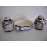 Royal Doulton Merryweather serving tureen (A/F) and a pair of early 20th C Japanese ginger jars with