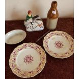 Pair of Bloor Derby plates (one A/F), stoneware dish, Staffordshire style huntsman and a stoneware