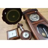 Mahogany cased wall clock, an oak cased wall barometer, another barometer and a small occasional