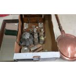 Oak framed bevelled edge wall mirror, copper bed-warming pan, Edwardian oak desk set, cruet set